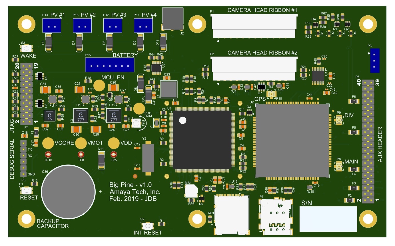 Main PCB front side showing STM32F7, modem, and power management circuitry